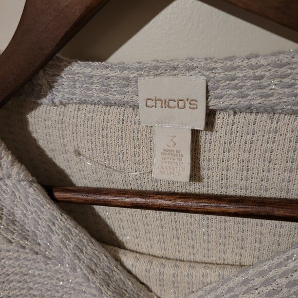 Chicos Silver and Cream Sparkly Slit Neck 3.4 Sleeve Top SZ 3 (XL) - Picture 3 of 4